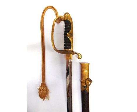 A SECOND WORLD WAR JAPANESE NAVAL OFFICER'S SWORD with a 69.5cm blade, the gilt brass hilt with a folding langet, a wire-boun