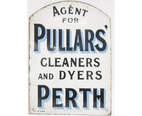 A PULLARS' CLEANERS & DYERS ENAMEL DOUBLE-SIDED HANGING WALL SIGN 'Agent / for / Pullars' / Cleaners / and Dyers / Perth', wi