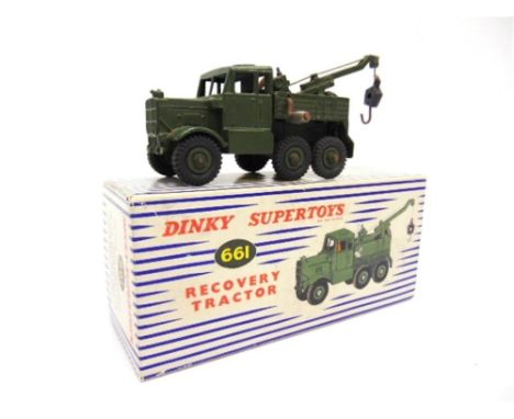 A DINKY NO.661, SCAMMELL RECOVERY TRACTOR olive green with matching grooved hubs, near mint, boxed, in a blue and white strip