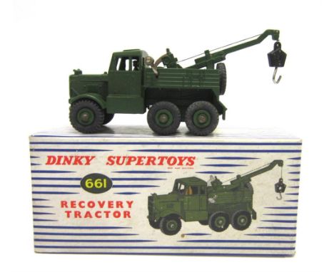 A DINKY NO.661, SCAMMELL RECOVERY TRACTOR olive green with matching grooved hubs, near mint, boxed, in a blue and white strip