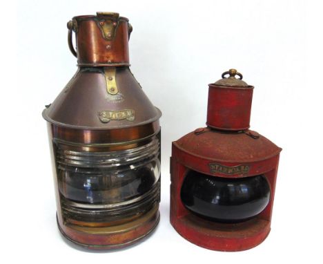 A SHIP'S COPPER STERN LIGHT by Murray McVinnie & Co. Ltd, Mavisbank, Glasgow, with brass fittings, complete with burner, shad