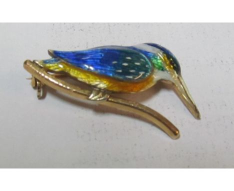 A 9ct gold and enamel Kingfisher brooch