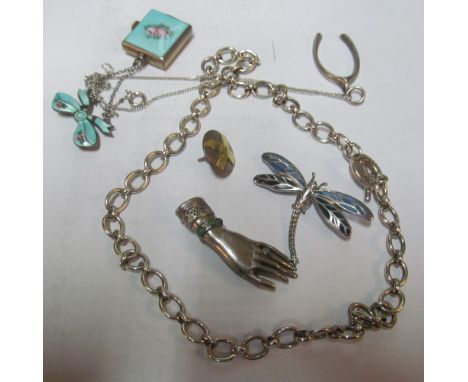 A silver and enamel fob watch and other silver jewellery