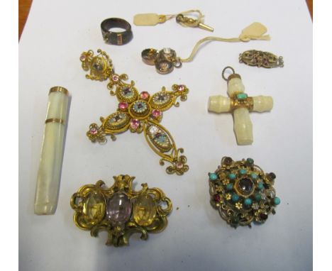 A gilt metal enamel cross and eight other items