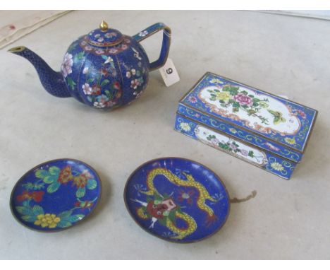 A cloisonne teapot, box and two dishes