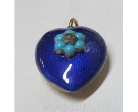 A blue enamel heart shaped pendant with turquoise and diamond flowerhead design