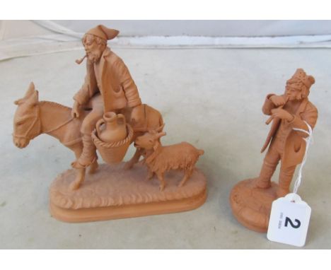 An Italian terracota model man on donkey and another boy playing pipe