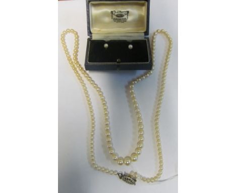 A cultured pearl necklace with 9ct white gold clasp and a pair of pearl earrings (i.c)