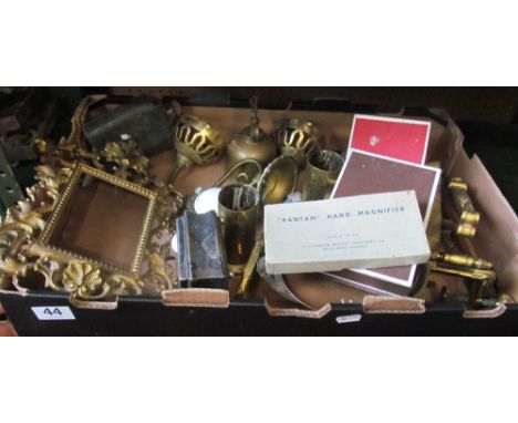 A brass decorative photo frame, pair of bell ring handles, brass bracket, wall lights etc