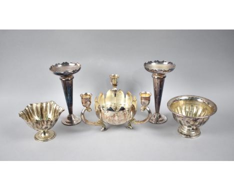 A Pair of Silver Plated Trumpet Vases and Three Planter Bowls 