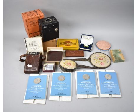 A Collection of Sundries to include Ronson Lighter, Vintage Cameras, Large Ladies Powder Compact, Coin Sets, Will's Embassy C