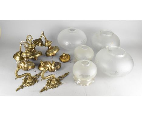 A Set of Three Ceiling Light Fittings and Shades Together with Two Wall Lights and Shades 