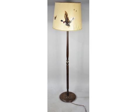 A 1970s Turned Wooden Standard Lamp with Shade Painted with Ducks 
