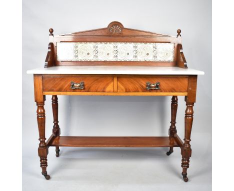 A Late Victorian/Edwardian Marble Topped Tile Backed Galleried Washstand with Two Drawers and Stretcher Shelf, 107cms Wide 