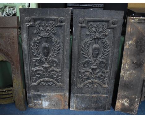 A Pair of Late 19th Century Heavy Cast Iron Side Panels, Decorated in Relief with Urn of Flowers in the Classical Taste, 41x9