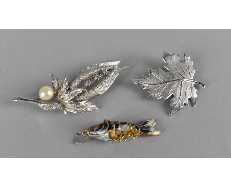 Two Silver Brooches Marked 925 and Sterling Along with Articulated Enamel Fish Pendant 