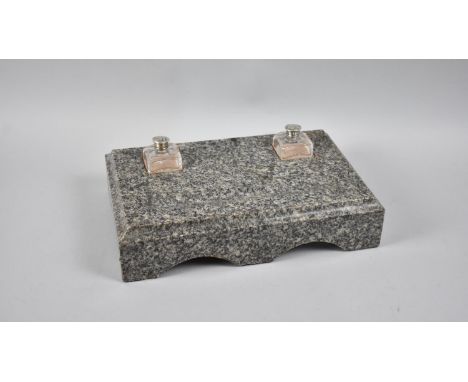 A Rectangular Granite Desktop Inkstand with Two Ink Bottles and Pen Trough, 29.5x19.5cms 