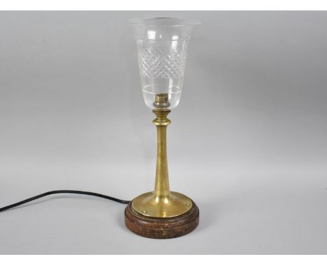 An Edwardian Brass Table Lamp with Fluted Cut Glass Shade, 37cms Overall 