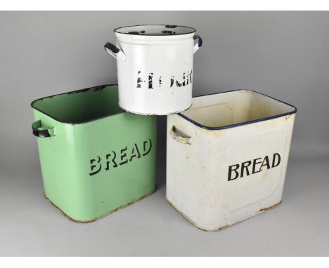 Two Vintage Enamel Bread Bins Together with a Flour Example (No Lids), 29cm high 