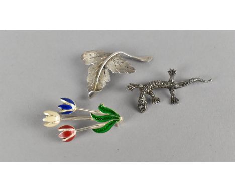 Three Silver Brooches, Enamel Tulips, Lizard and Oak Leaf 