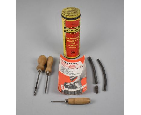 A Vintage Cylindrical Tin for Dunlop Repair Kit containing Vintage Crafting Tools 
