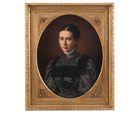 Deutsche Schule19. Jhdt.72 x 57 cmPortrait der Luise Hiller-Roser (1850-1893) in dunklem Kleid mit Granatschmuck. Öl/Lwd.