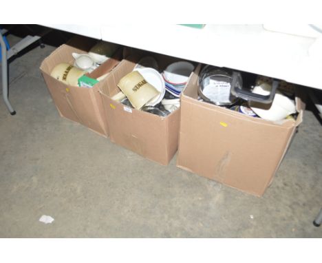 Three large boxes of kitchenalia; enamel ware etc