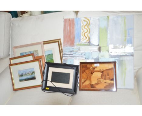 A digital photo frame and a quantity of modern pictures and prints including Framlingham Castle
