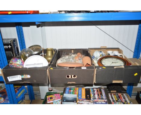 Three boxes of miscellaneous china and glass including meat plates; a modern wall clock etc