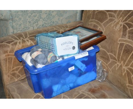 A large box of wool, box of various buttons and three military prints