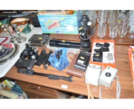 A quantity of camera items including; "Kodak" cameras, "Pentax" camera, mono stand etc.
