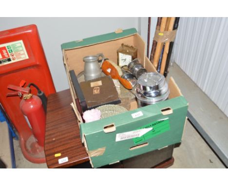 A box containing a white metal tray; platedware; plated flask etc