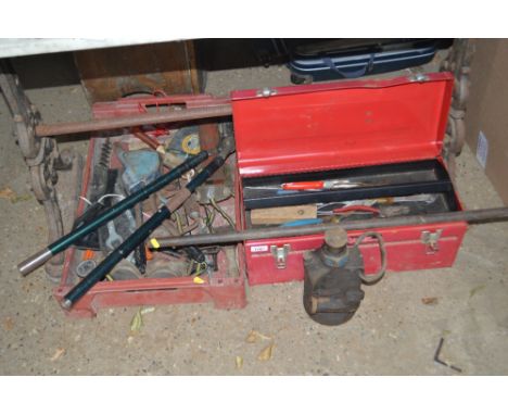 Two boxes of miscellaneous tools and a bottle jack