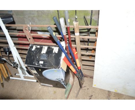 A quantity of gardening tools, including lawn edgers, shears, pick etc.