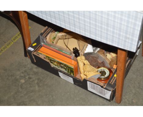 A box of miscellaneous items to include a barometer; a table lamp etc