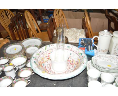 A brass oil lamp base and a large decorative basin