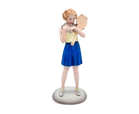 Art Deco figure of a young female tennis player on a oval base. Goldscheider and Lorenzl marked. 8473 / 20 /1 marked. Artist: