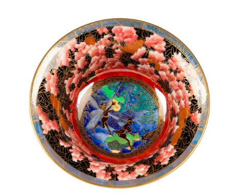 Z5446. A stunning footed bowl designed by Daisy Makeig-Jones. The White Pagodas center panel features the cymbal playing wing