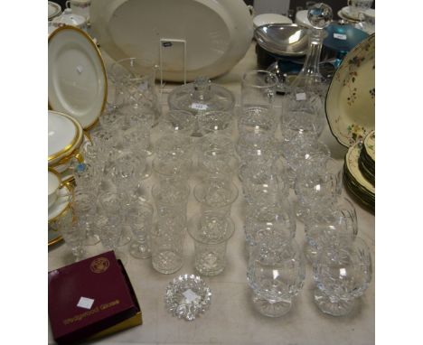 Glassware - a cut glass decanter, cut glass water jug, brandy glasses, etc, qty