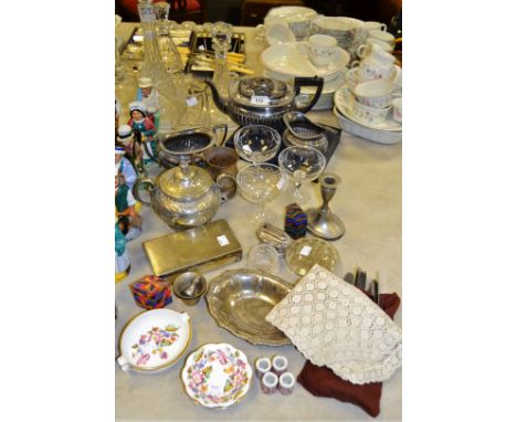 Household Goods - a three piece silver plated stop fluted tea service; cased Fish knives and forks; a silver plated engine tu