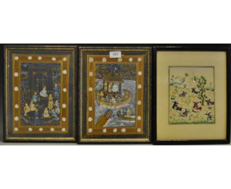 Persian School, a pair, Dragon Boats and Temple, gouache on fabric panel, 30 x 22cm;  another hunting scene, water colour, 19