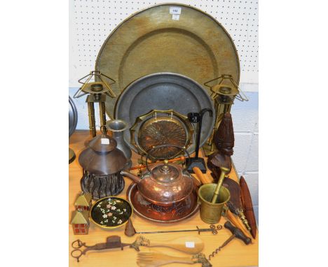 Boxes and Objects - a large Chinese brass charger; a pewter dish; an Arts and Crafts kettle by Townshend & Co; a dinner gong;
