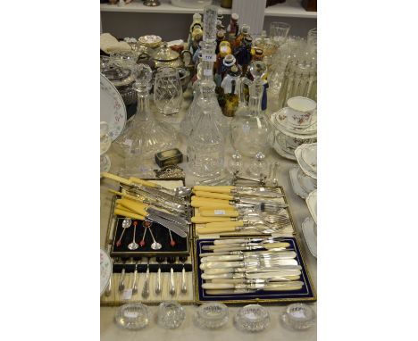 A cut glass mallet shaped decanter; others; cut glass salts; knife rests; a small chain mail purse; a Moroccan leather stamp 