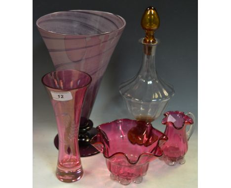 Glassware- a Venetian glass vase, cranberry glass jug and bowl, decanter; etc (5)