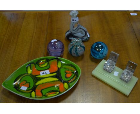Ceramics and Glass - a Poole Delphis ware charger in tones of green, orange and yellow; an Art Deco  standish; Caithness glas