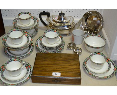 A Victorian Staffordshire part tea service; an oak cased set of fish knives and forks; a Queen Victoria Diamond Jubilee ename