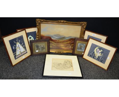 Pictures - English School, Highland Scene, oil on canvas;   Portrait of a girl, siged JHY, 1912;  another, of an Arab, 1912; 