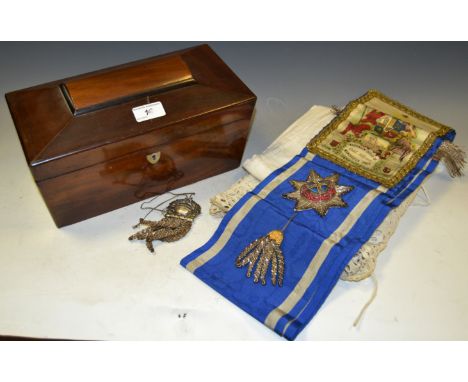 Ephemera - a Victorian mahogany sarcophagus shaped tea caddy (faults) ; an Odd Fellows braided sash, Independent order of Odd