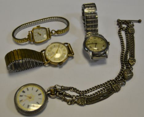 Watches - a 9ct gold Omer watch; silver half hunter with enamel face; a silver Albert chain, another fancy; etc (4) 