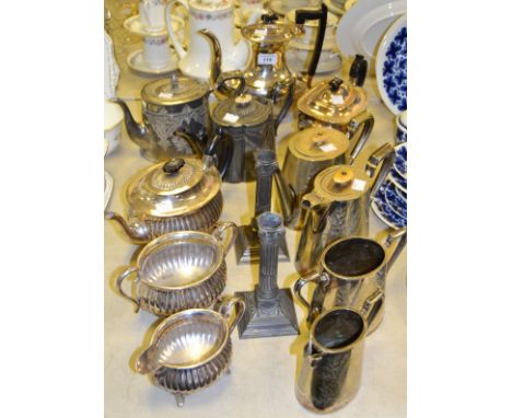 Silver Plated Ware - a three piece fluted tea service; a pair of Corinthian column candlesticks; a four piece tea service cha